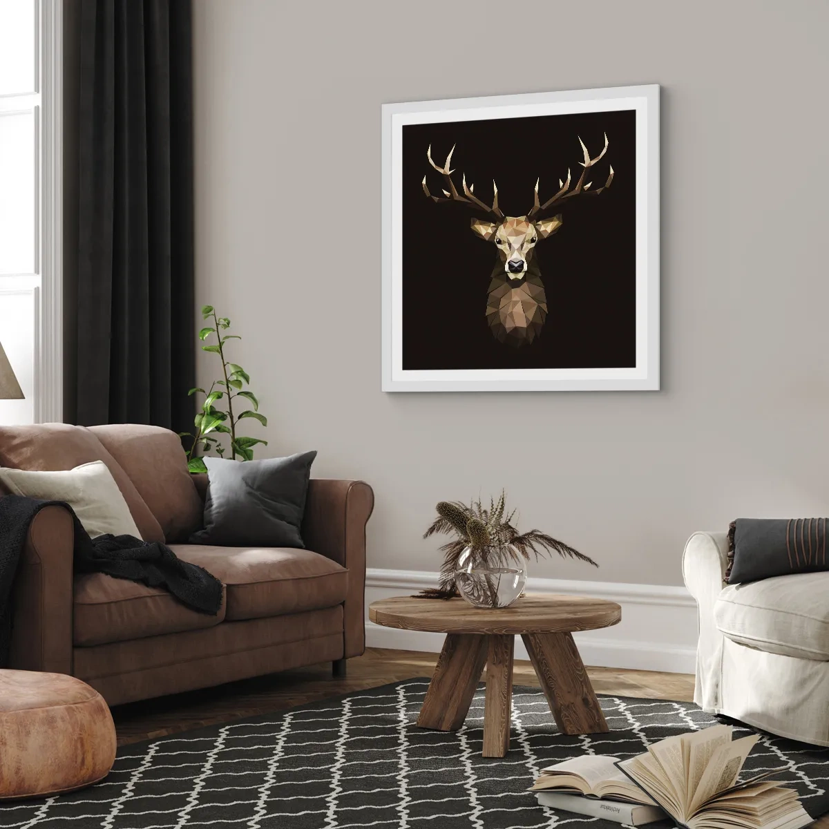 Plakat i hvid ramme - Kubistisk hjort - 60x60 cm