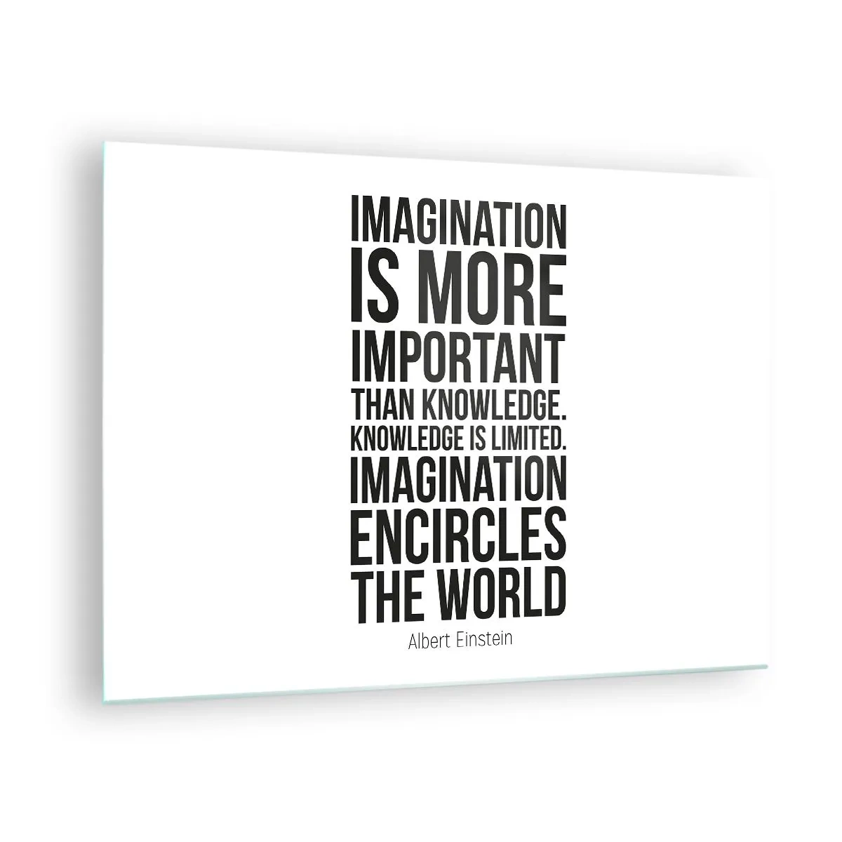Billede på glas - Et citat om fantasi i minimalistisk typografi - 70x50cm - Einstein om fantasiens kraft - Moderne vægdekoration til stue og soveværelse ARTTOR