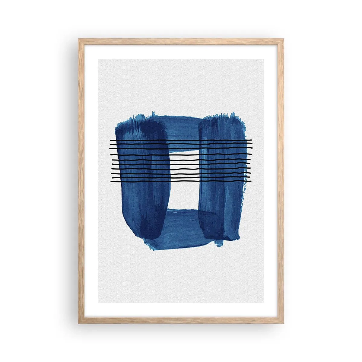 Plakat i ramme af lyst egetræ - Blå-sort sammensætning - 50x70 cm