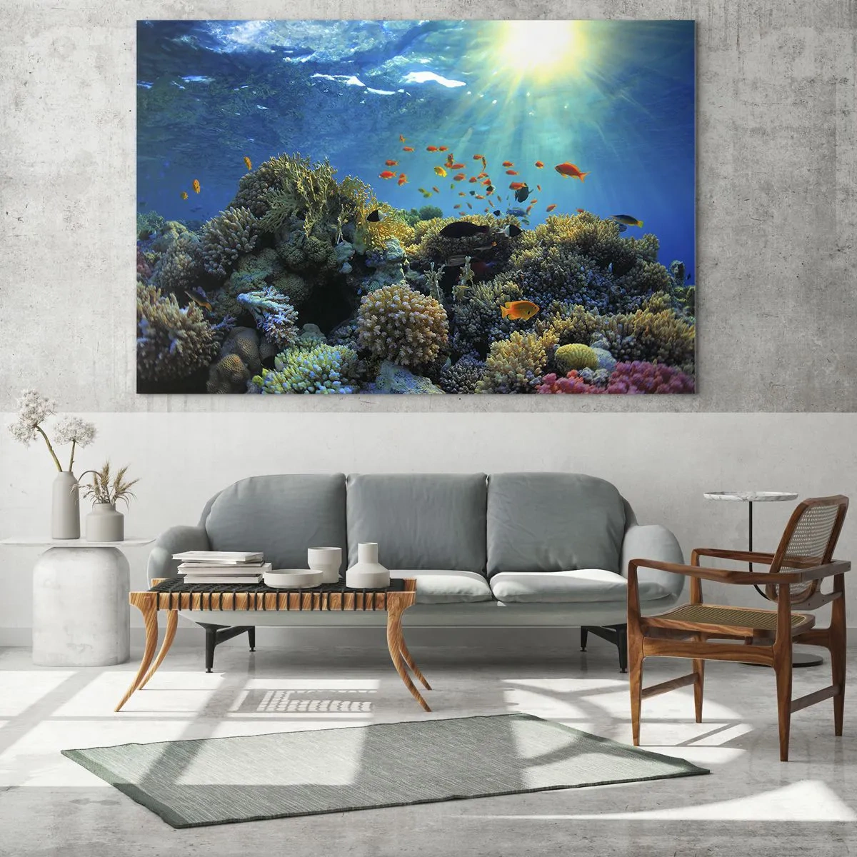 Billede på glas - Et farverigt koralrev oplyst af solens stråler - 70x50cm - Undervandsskatte - Moderne vægdekoration til stue og soveværelse ARTTOR