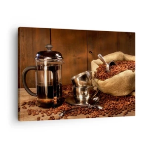Lærredstryk - Billede på lærred - Fransk presse, kopper og en pose kaffe på en træbaggrund - 70x50cm - Kaffens magi - aroma og smag - Moderne vægdekoration til stue og soveværelse ARTTOR