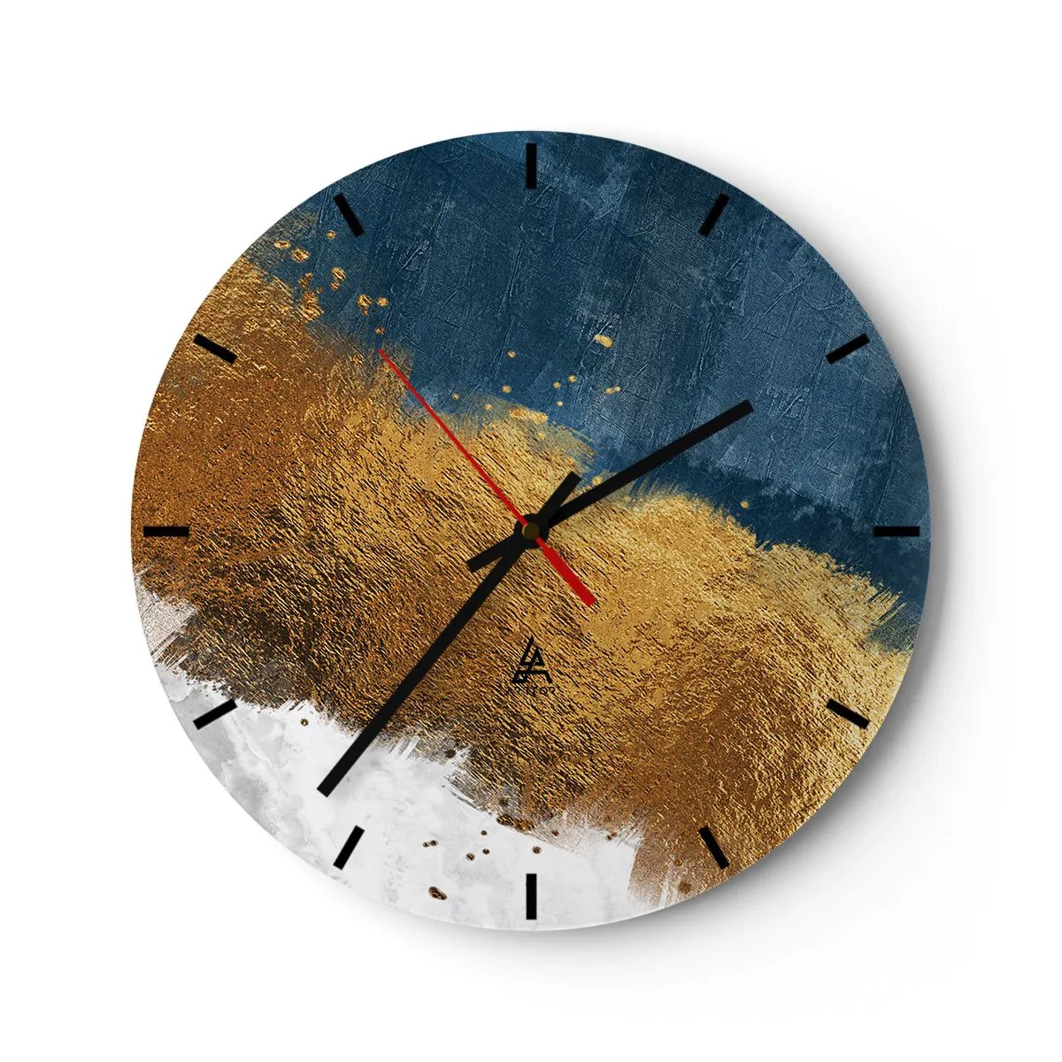 Vægur, Uret - Abstrakte penselstrøg i guld og marineblå på en hvid baggrund - 30x30cm - Sommerens farver - Moderne vægdekoration til stue, køkken og soveværelse ARTTOR