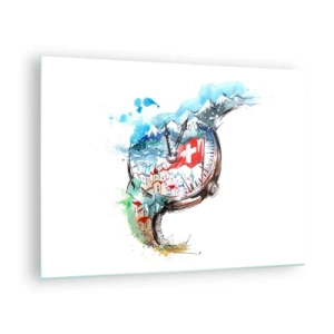 Billede på glas - Akvarelmaleri af et schweizisk landskab med et flag og et ur - 70x50cm - Schweiz' ånd - Moderne vægdekoration til stue og soveværelse ARTTOR