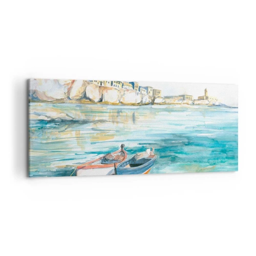 Lærredstryk - Billede på lærred - Landskab i azurblå - 100x40 cm