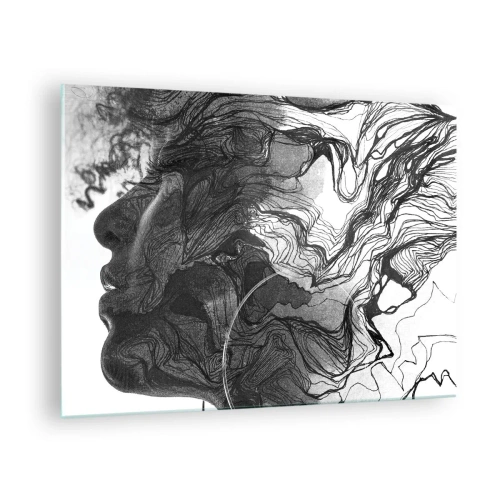 Billede på glas - Sort og hvid silhuet af en kvinde med abstrakte linjer - 70x50cm - Forviklet i drømme - Moderne vægdekoration til stue og soveværelse ARTTOR