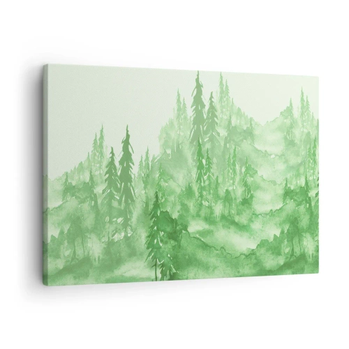 Lærredstryk - Billede på lærred - Grøn skov i akvarelstil på en lys baggrund - 70x50cm - Sløret af grøn tåge - Moderne vægdekoration til stue og soveværelse ARTTOR