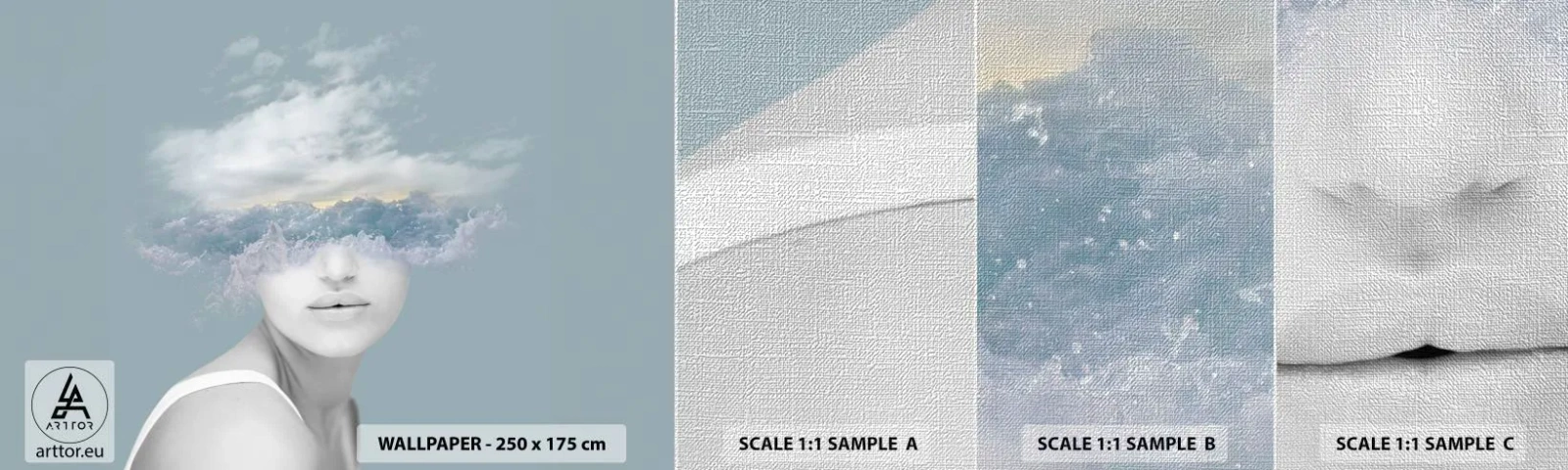 Prøve Fototapet Premium Canvas - Med hovedet i skyerne - Lyse, Portræt, Skyer - 100x30 cm