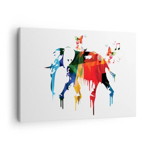 Lærredstryk - Billede på lærred - Farverig elefant med sommerfugle i moderne geometrisk stil - 70x50cm - Alle kan danse - Moderne vægdekoration til stue og soveværelse ARTTOR