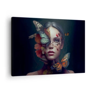 Lærredstryk - Billede på lærred - Portræt af en kvinde med sommerfugle og planteelementer - 70x50cm - En vidunderlig metamorfose - Moderne vægdekoration til stue og soveværelse ARTTOR