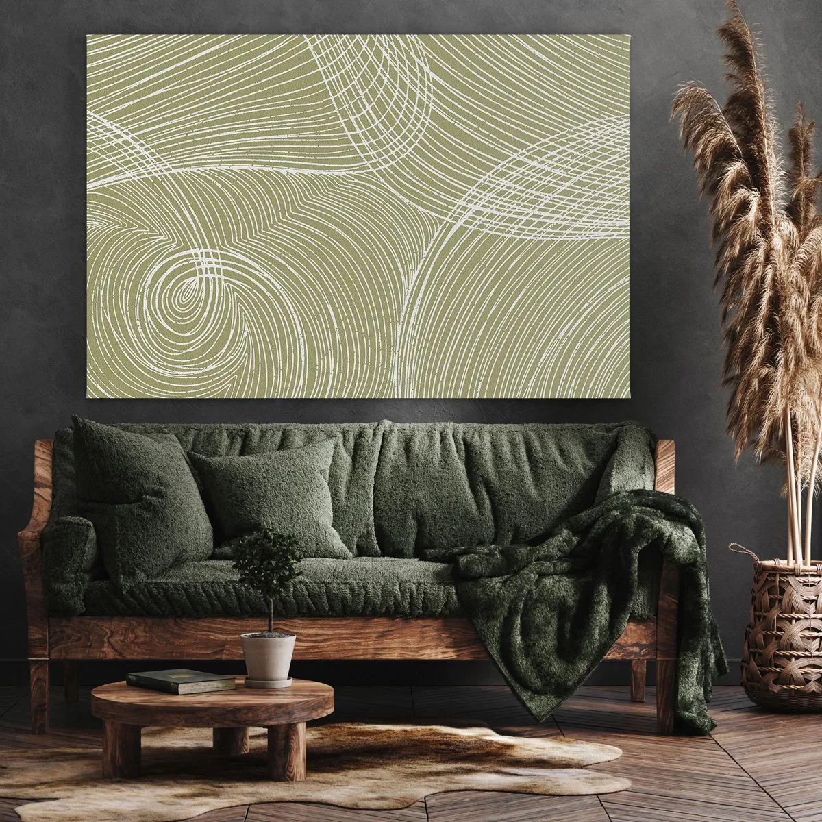 Lærredstryk - Billede på lærred - Grønne og hvide linjer i en abstrakt komposition - 70x50cm - Indviklet abstraktion i hvidt - Moderne vægdekoration til stue og soveværelse ARTTOR