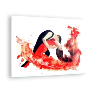 Billede på glas - Et par, der danser i en dynamisk, rød akvarelkomposition - 70x50cm - Tango - en sensuel bølge - Moderne vægdekoration til stue og soveværelse ARTTOR