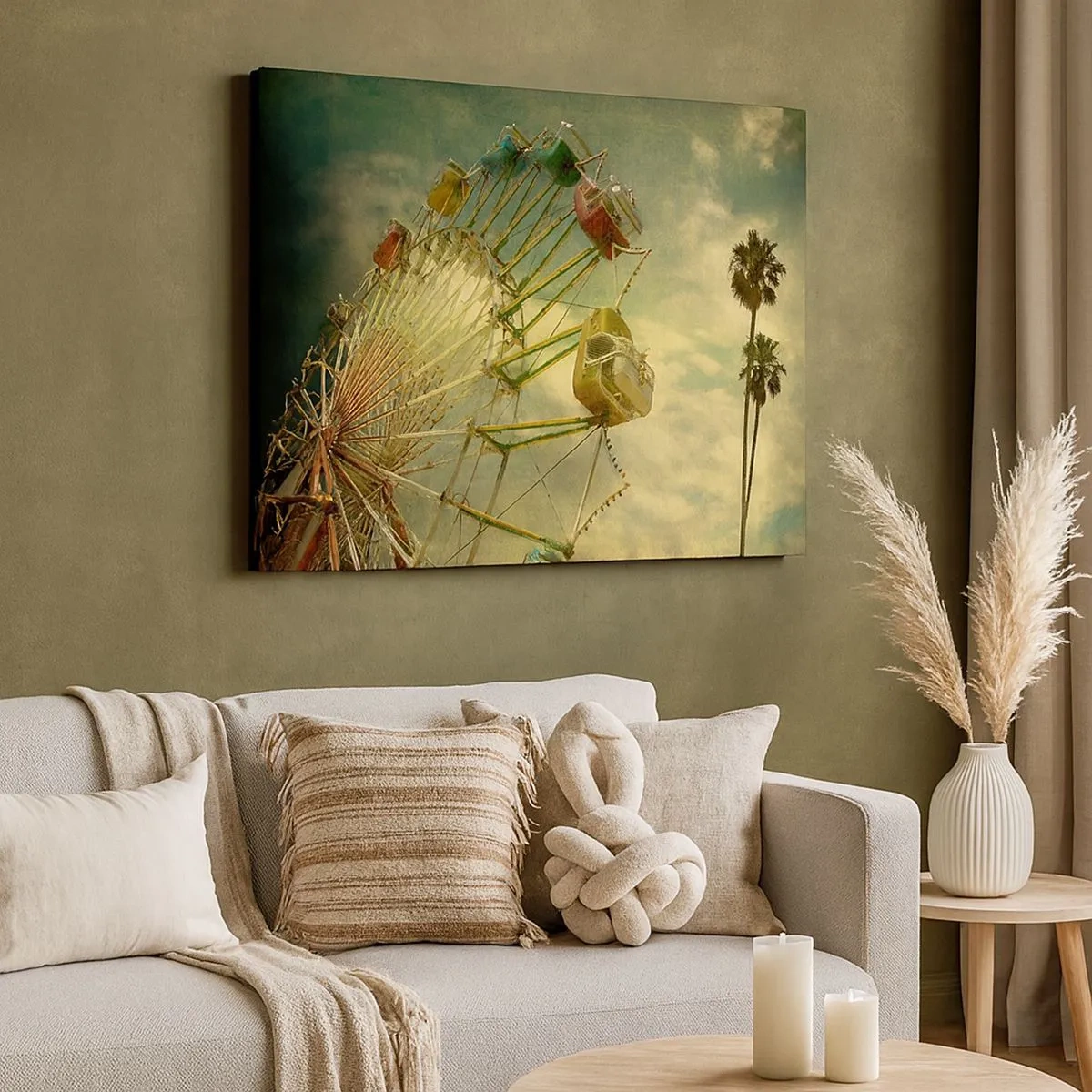 Lærredstryk - Billede på lærred - Retrofoto af et pariserhjul med palmer mod himlen - 70x50cm - Vil være, vil være sjov.... - Moderne vægdekoration til stue og soveværelse ARTTOR