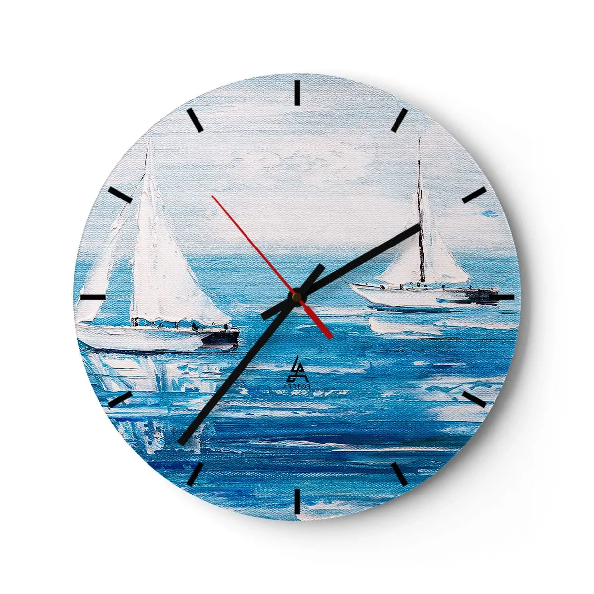 Vægur, Uret - Hvide sejlbåde på et blåt hav i malerisk stil - 30x30cm - Med en ven ved din side - Moderne vægdekoration til stue, køkken og soveværelse ARTTOR