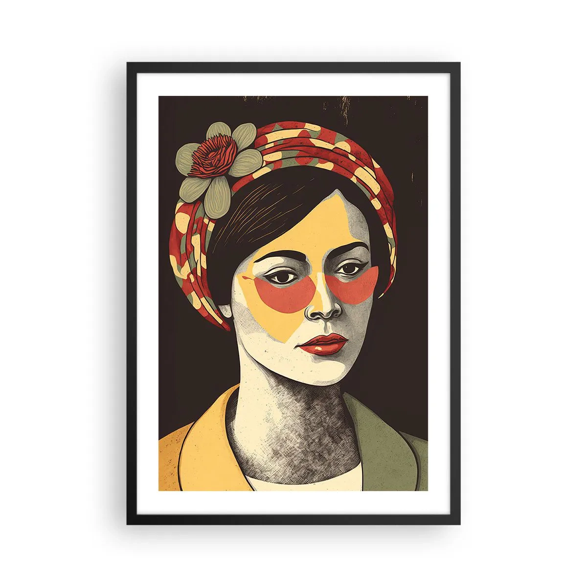 Plakat i sort ramme - Stiliseret portræt af en kvinde i turban med blomsterprint - 50x70cm - Koraldame - Moderne vægdekoration til stue og soveværelse ARTTOR