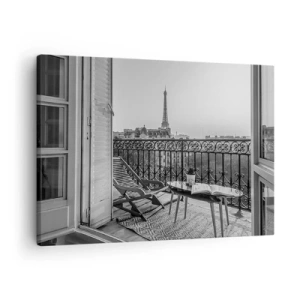 Lærredstryk - Billede på lærred - Udsigt over Eiffeltårnet fra balkonen med liggestole og et bord - 70x50cm - Eftermiddag i Paris - Moderne vægdekoration til stue og soveværelse ARTTOR