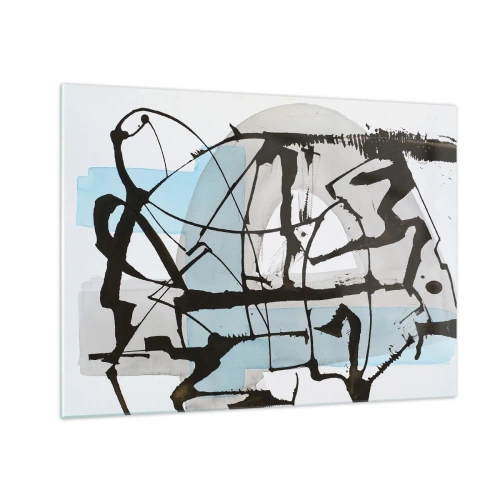 Billede på glas - Abstrakt komposition med en sort skitse og blå pletter - 70x50cm - Ikke desto mindre blå - Moderne vægdekoration til stue og soveværelse ARTTOR
