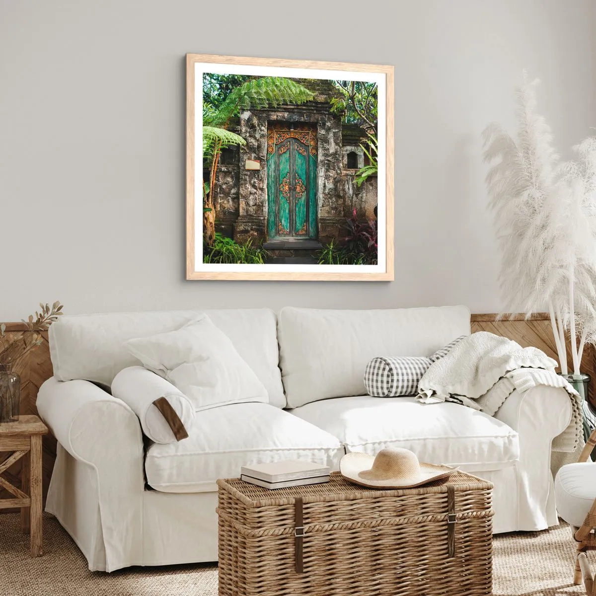 Plakat i ramme af lyst egetræ - En dør til en eksotisk verden - 40x40 cm