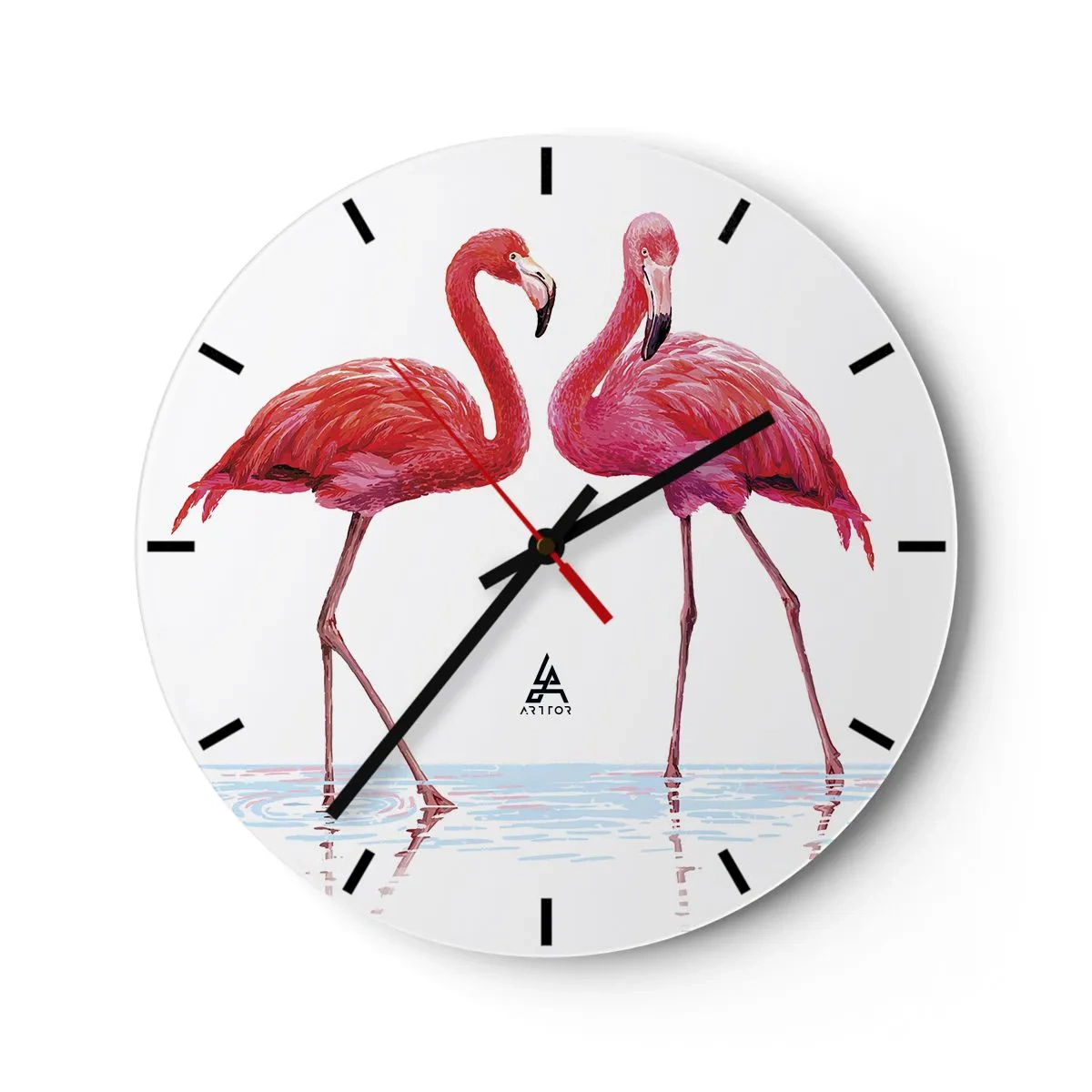 Vægur, Uret - To lyserøde flamingoer står i vandet - 30x30cm - Lyserødt randez-vous - Moderne vægdekoration til stue, køkken og soveværelse ARTTOR