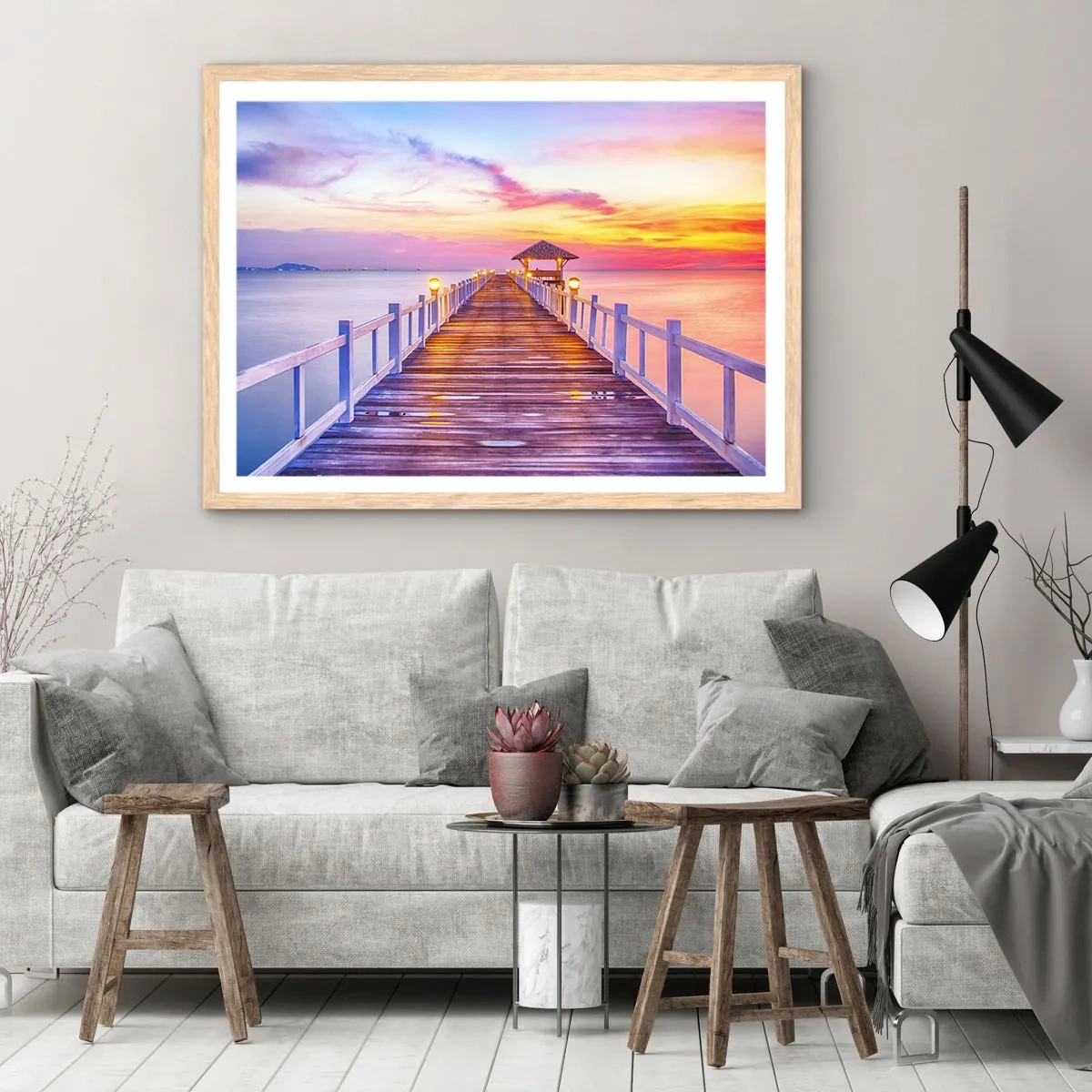 Plakat i ramme af lyst egetræ - Lilagylden stilhed om aftenen - 50x40 cm