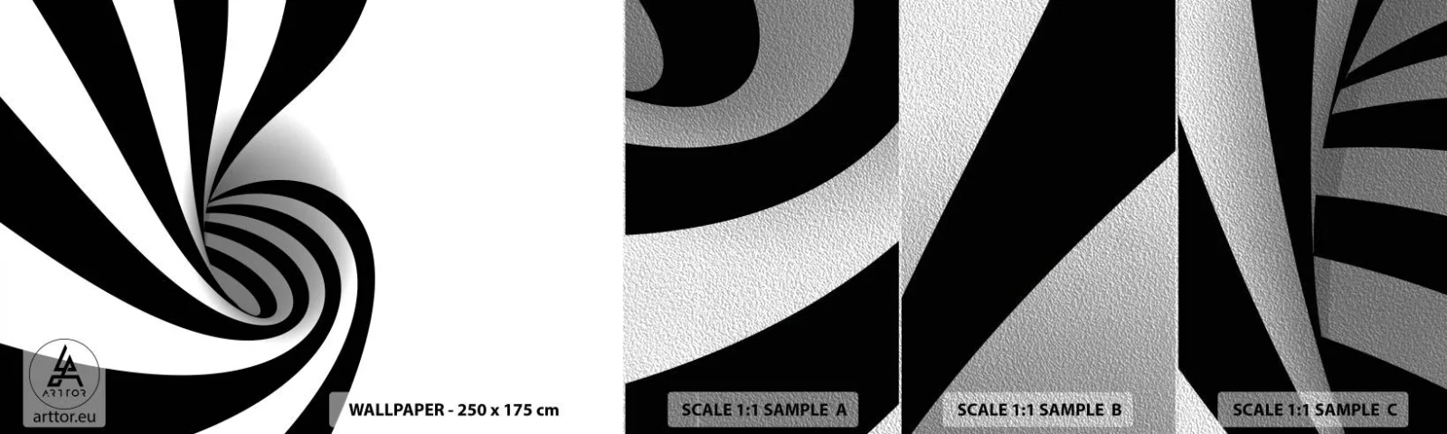 Prøve Fototapet Premium Sand - Og alligevel snurrer den - Abstraktion, Grafik, Sort og hvid - 100x30 cm
