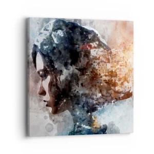 Lærredstryk - Billede på lærred - Historien om en pige med en by i baggrunden - 40x40 cm