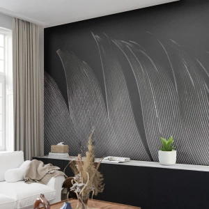 Fototapet Standard Eco - Makrofotografi af en sort og hvid fjer på en sort baggrund - 100x70cm - Fjer - en vidunderlig konstruktion - Moderne vægdekoration til stue og soveværelse ARTTOR
