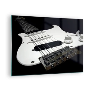 Billede på glas - Nærbillede af en hvid elektrisk guitar mod en mørk baggrund - 70x50cm - Lyd skjult i hvidt - Moderne vægdekoration til stue og soveværelse ARTTOR