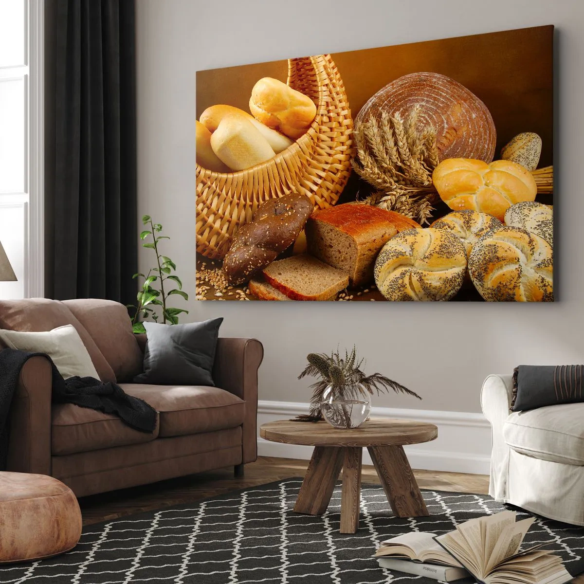 Lærredstryk - Billede på lærred - Forskellige brød i en flettet kurv på en gylden baggrund - 70x50cm - Vi slap væk igen - Moderne vægdekoration til stue og soveværelse ARTTOR