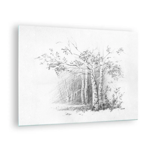 Billede på glas - Skitse af en birkeskov i monokromatiske toner - 70x50cm - Lyset fra birkeskoven - Moderne vægdekoration til stue og soveværelse ARTTOR