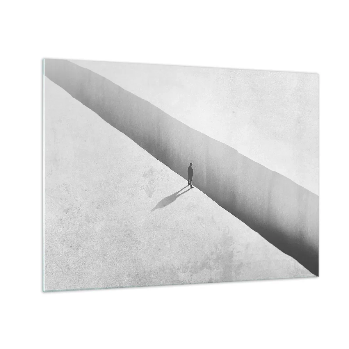 Billede på glas - En minimalistisk silhuet over en afgrund i et lyst rum - 70x50cm - Lys destination - Moderne vægdekoration til stue og soveværelse ARTTOR