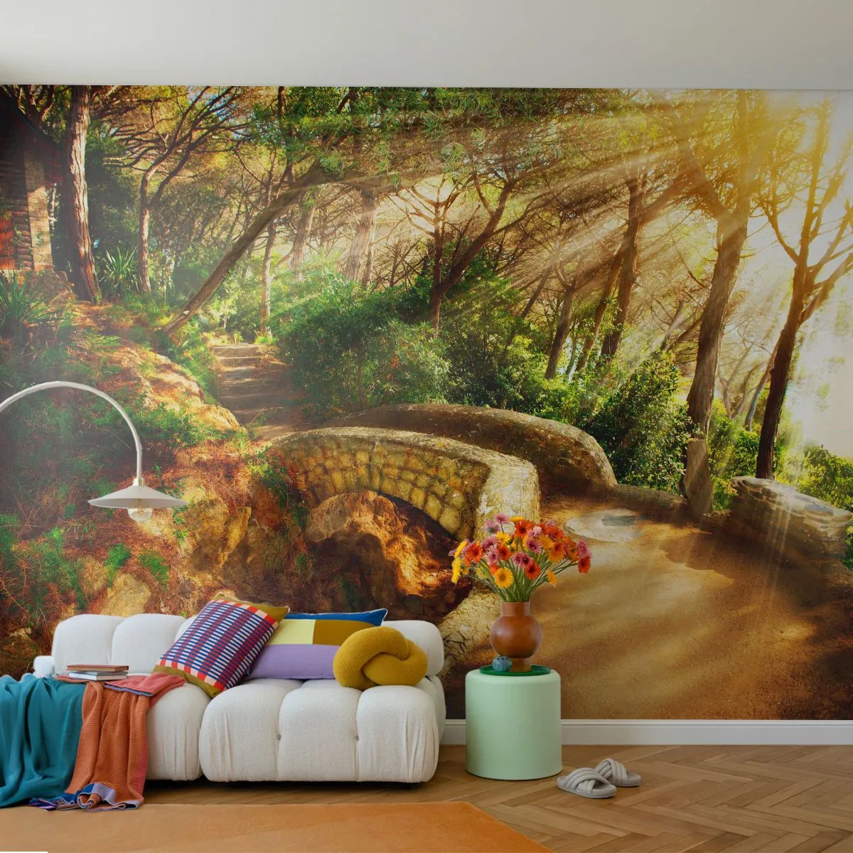 Fototapet Standard Eco - Lige fra broen og ind i eventyrskoven - Landskaber, Sten trapper, Solens stråler - 400x280 cm