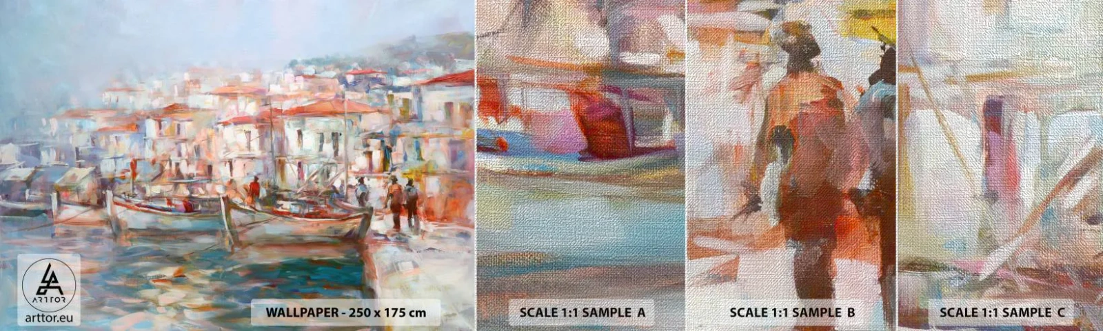 Prøve Fototapet Premium Canvas - Pastelfarvede helligdage - Havneby, Arkitektur, Fiskebåd - 100x30 cm