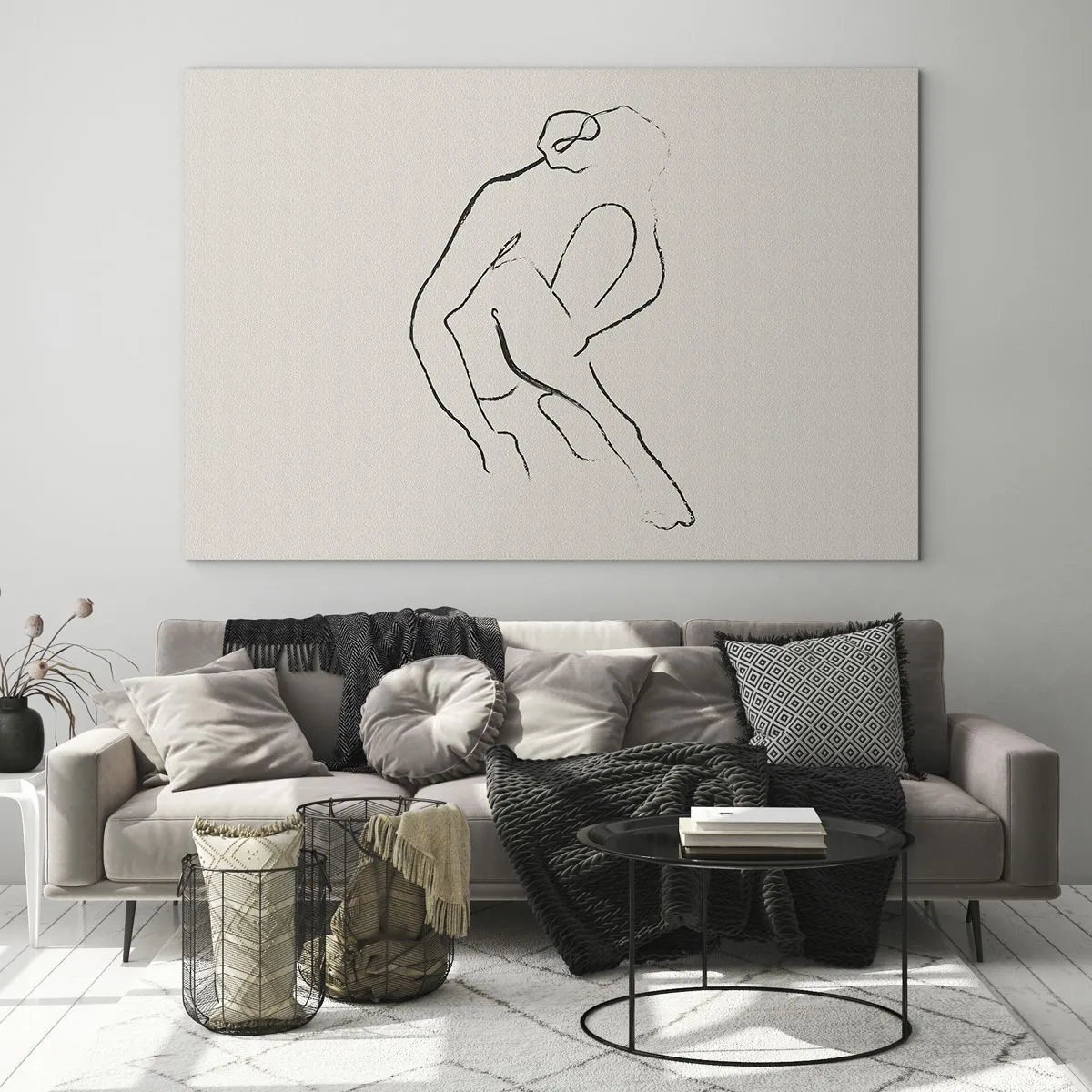 Billede på glas - En minimalistisk skitse af en kvindelig silhuet i siddende stilling. - 70x50cm - Intim skitse - Moderne vægdekoration til stue og soveværelse ARTTOR