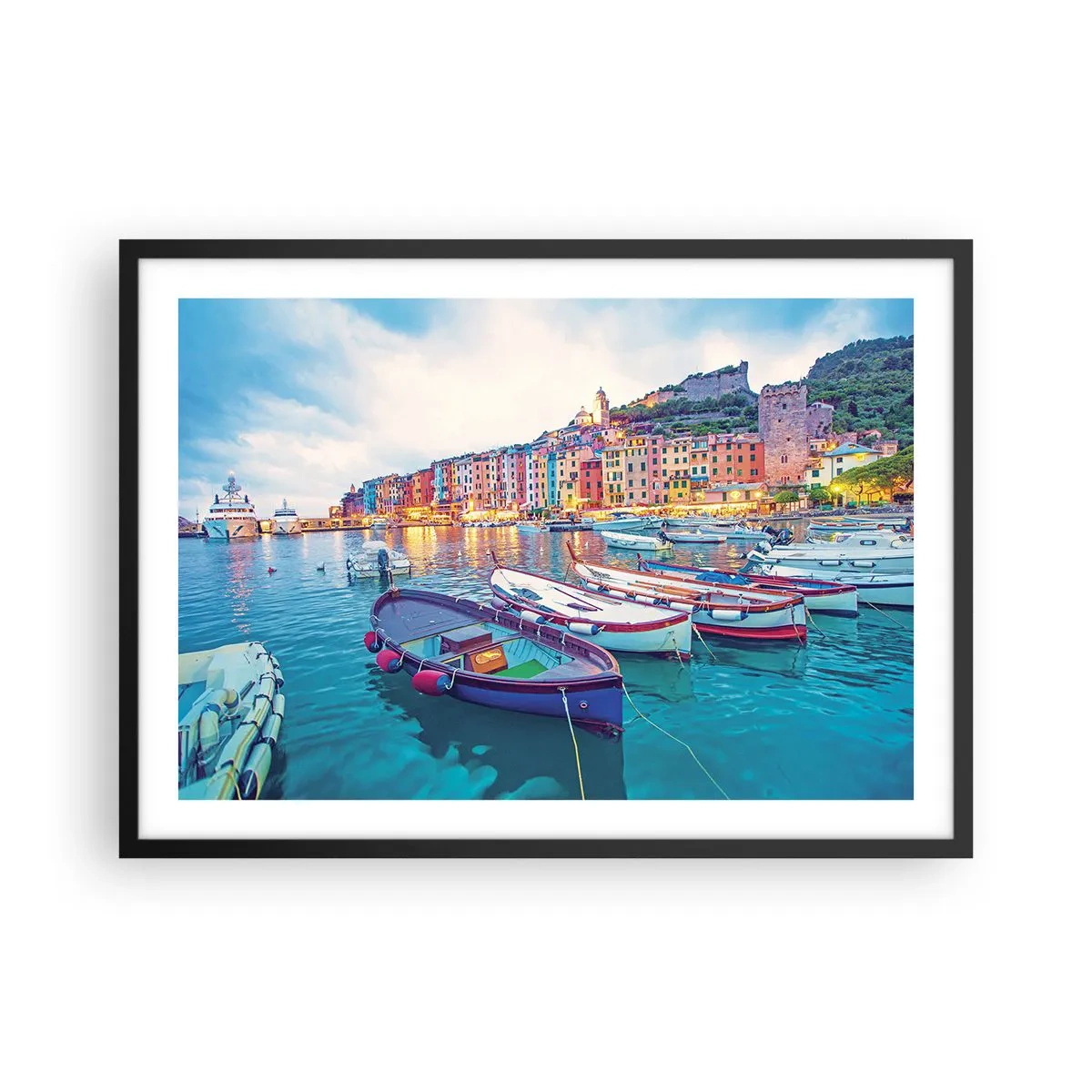 Plakat i sort ramme - En farverig aften i havnen - 70x50 cm
