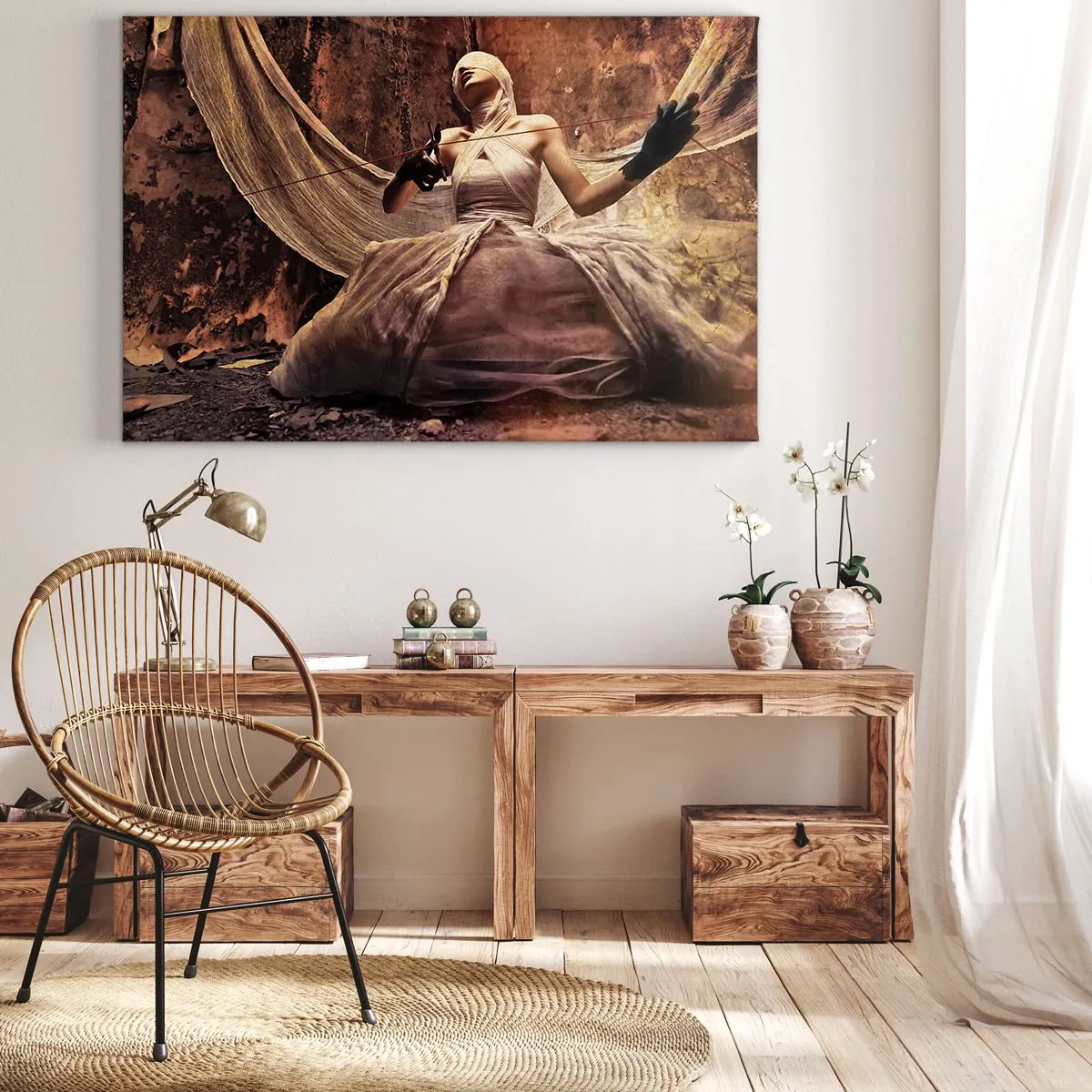 Lærredstryk - Billede på lærred - En kvinde i kjole med dækket ansigt og en saks i hænderne - 70x50cm - Skæbnens gudinde - Moderne vægdekoration til stue og soveværelse ARTTOR