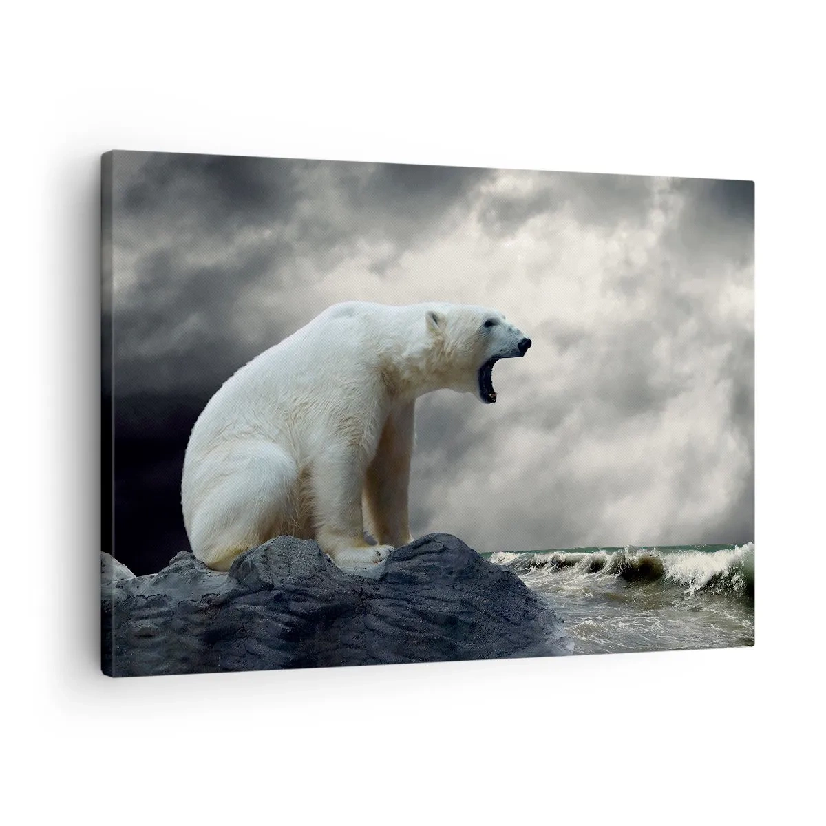 Lærredstryk - Billede på lærred - En isbjørn på klipperne over et stormfuldt hav - 70x50cm - Den ensomme konge af Arktis - Moderne vægdekoration til stue og soveværelse ARTTOR