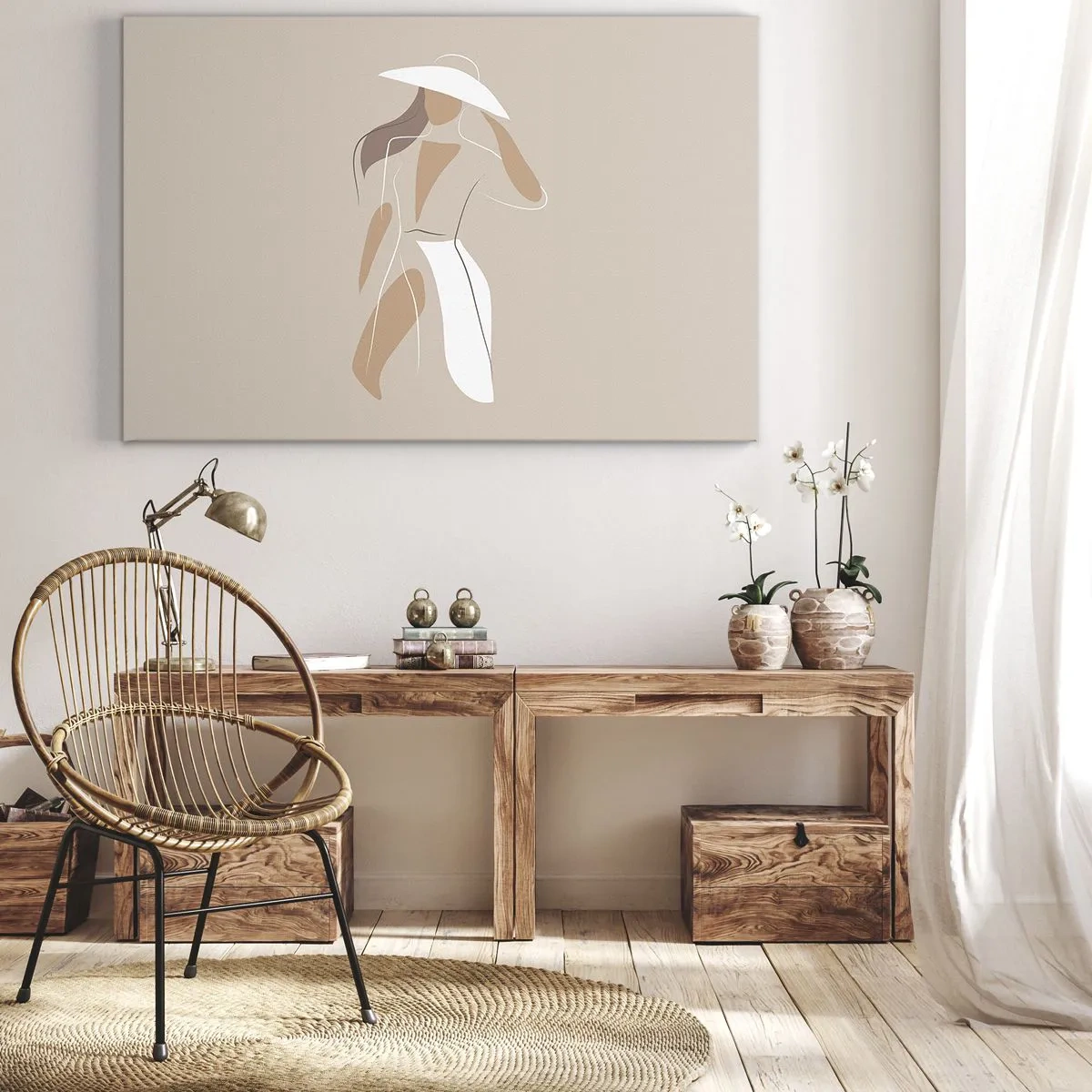 Lærredstryk - Billede på lærred - En minimalistisk tegning af en kvinde i en hat på en beige baggrund. - 70x50cm - Mode er sjovt - Moderne vægdekoration til stue og soveværelse ARTTOR