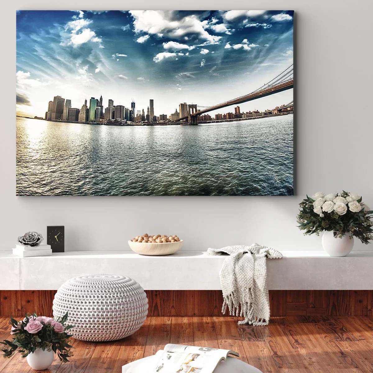 Lærredstryk - Billede på lærred - Panorama over byen med en bro mod den blå himmel - 70x50cm - Glas ø - Moderne vægdekoration til stue og soveværelse ARTTOR