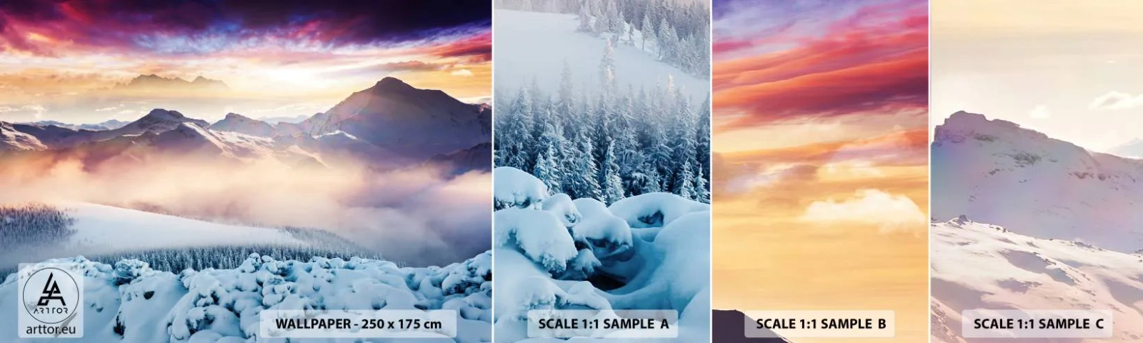 Prøve Fototapet Selvklæbende Deluxe Sticker - Naturens kraft og renhed - Landskab, Bjerge, Vinter - 100x30 cm