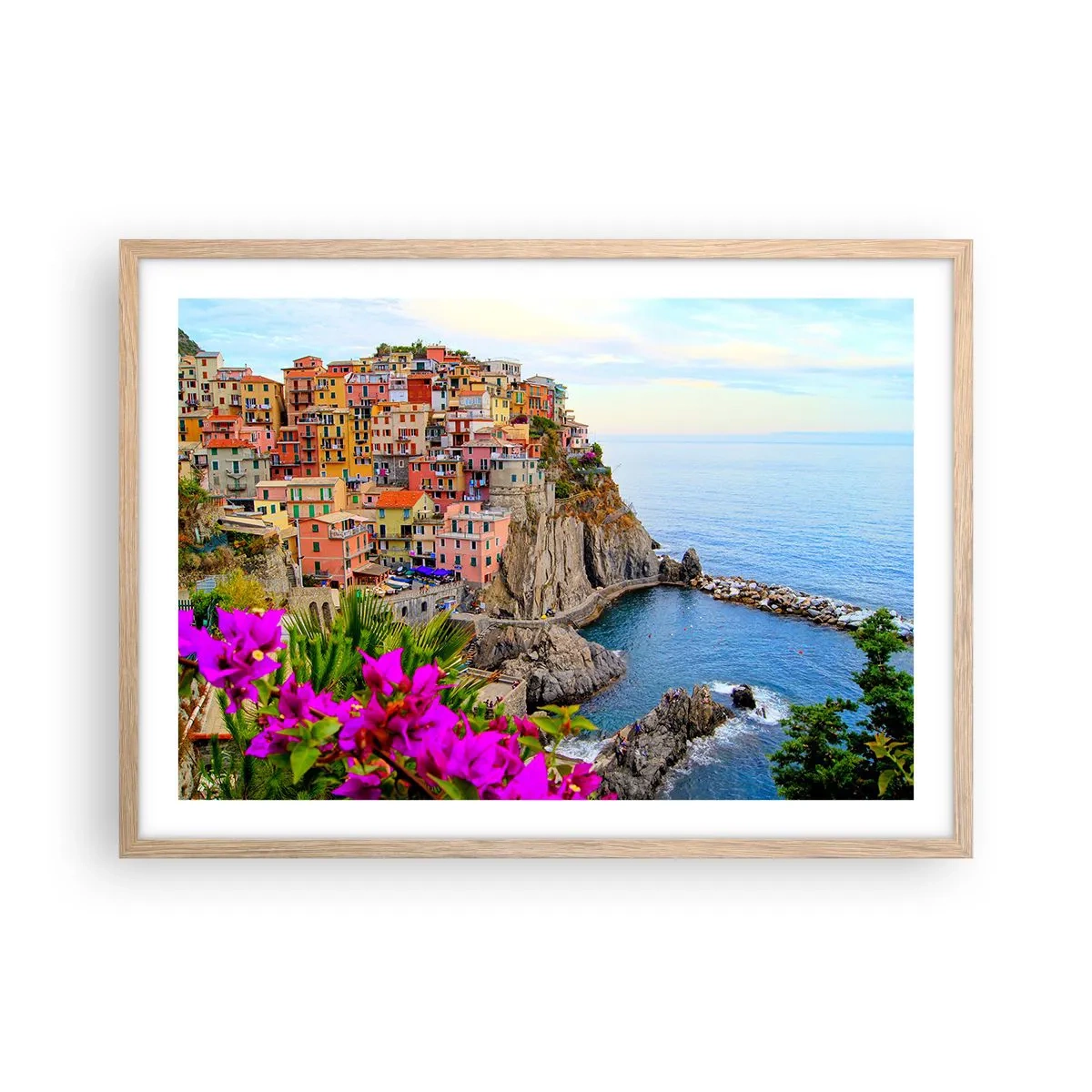 Plakat i ramme af lyst egetræ - En grinende by - 70x50 cm