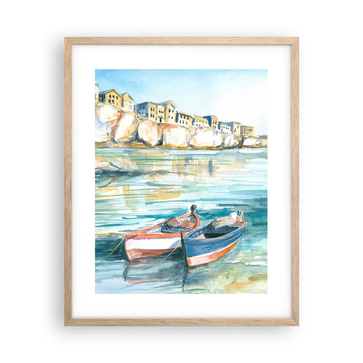 Plakat i ramme af lyst egetræ - Landskab i azurblå - 40x50 cm