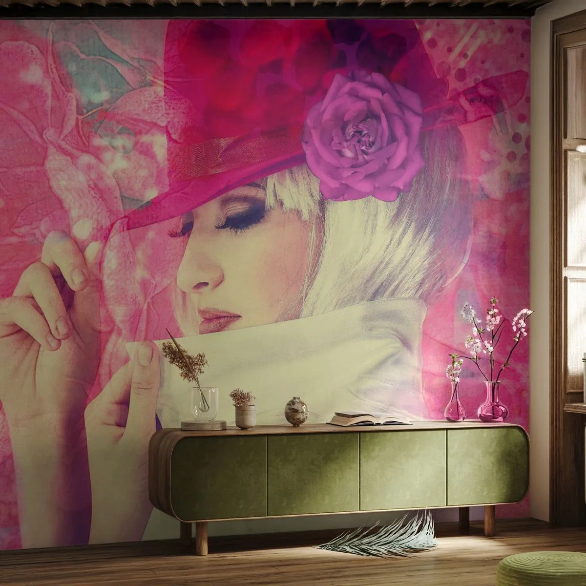 Fototapet Premium Canvas - Retro portræt i lyserødt - Kvinde i en hat, Blomster, Mode - 350x256 cm