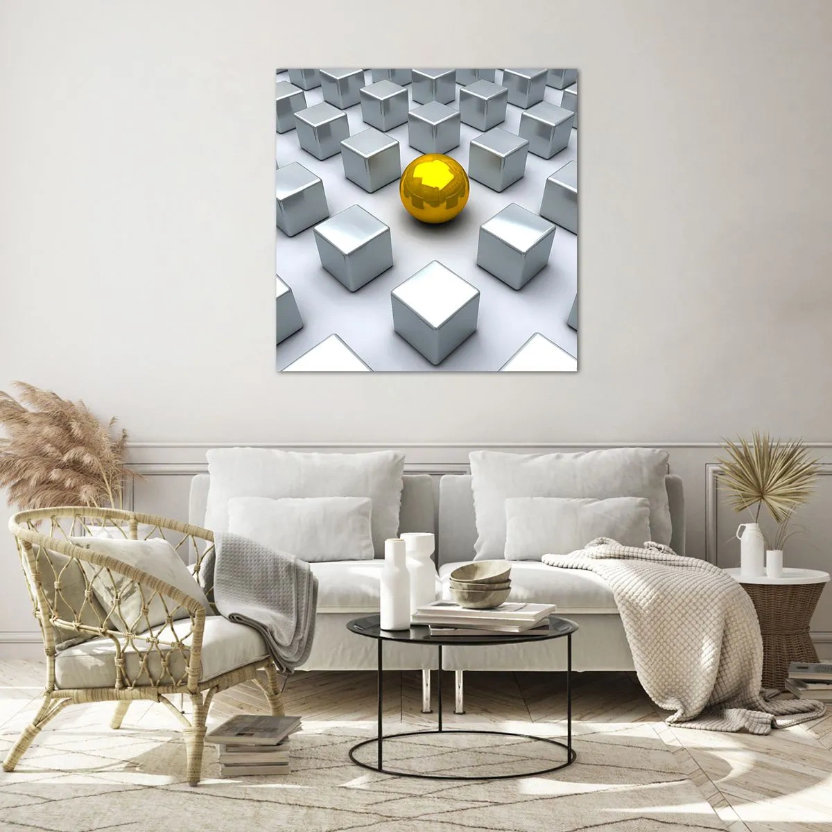 Billede på glas - Hvorfor mig? Geometrisk sammensætning - 70x70 cm