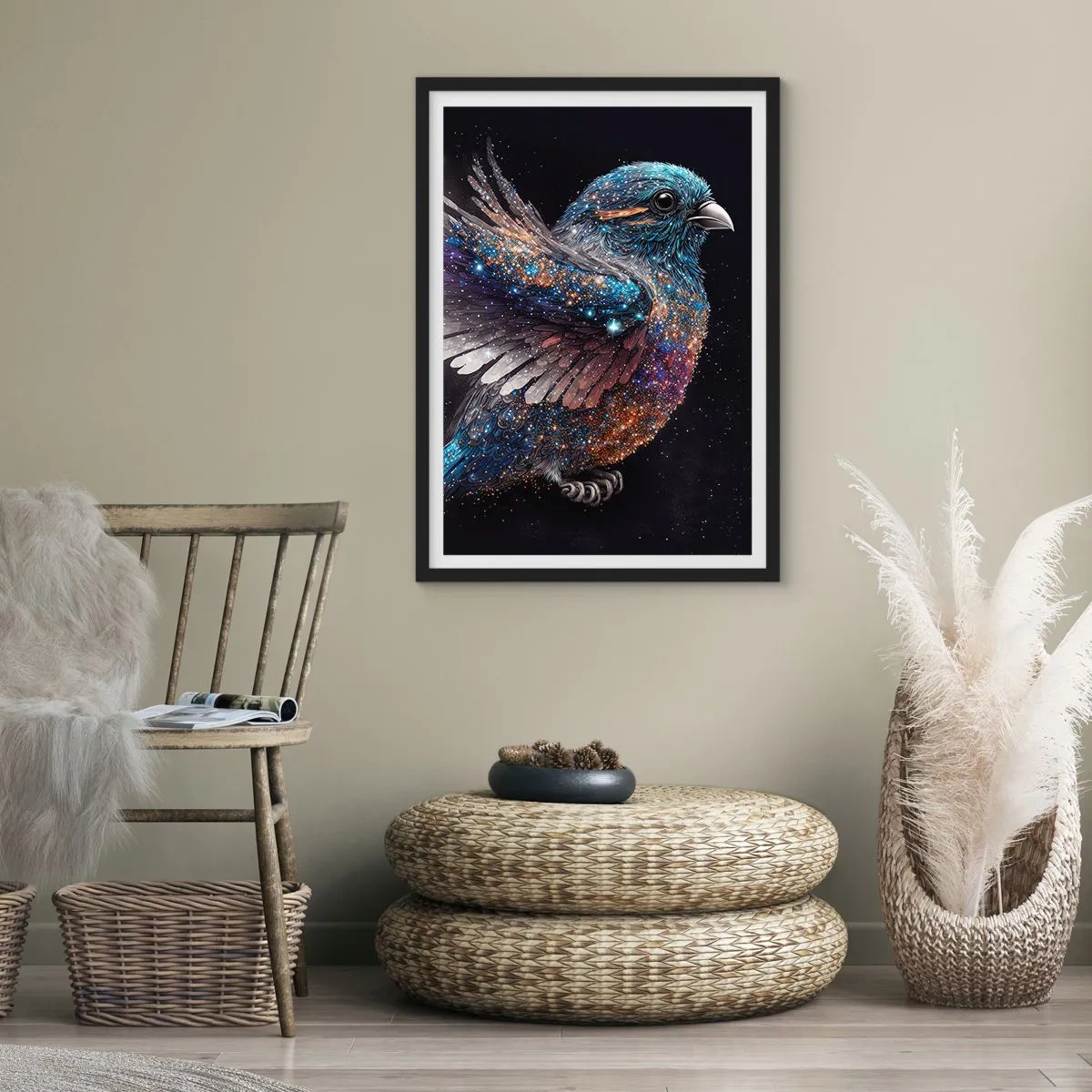 Plakat i sort ramme - En rumfugl med stjernefjerdragt på en sort baggrund - 50x70cm - Diamantspurv - Moderne vægdekoration til stue og soveværelse ARTTOR