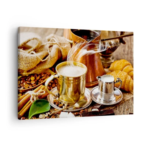 Lærredstryk - Billede på lærred - En gylden krus kaffe omgivet af bønner, kander og croissanter - 70x50cm - Hav en dejlig dag! - Moderne vægdekoration til stue og soveværelse ARTTOR