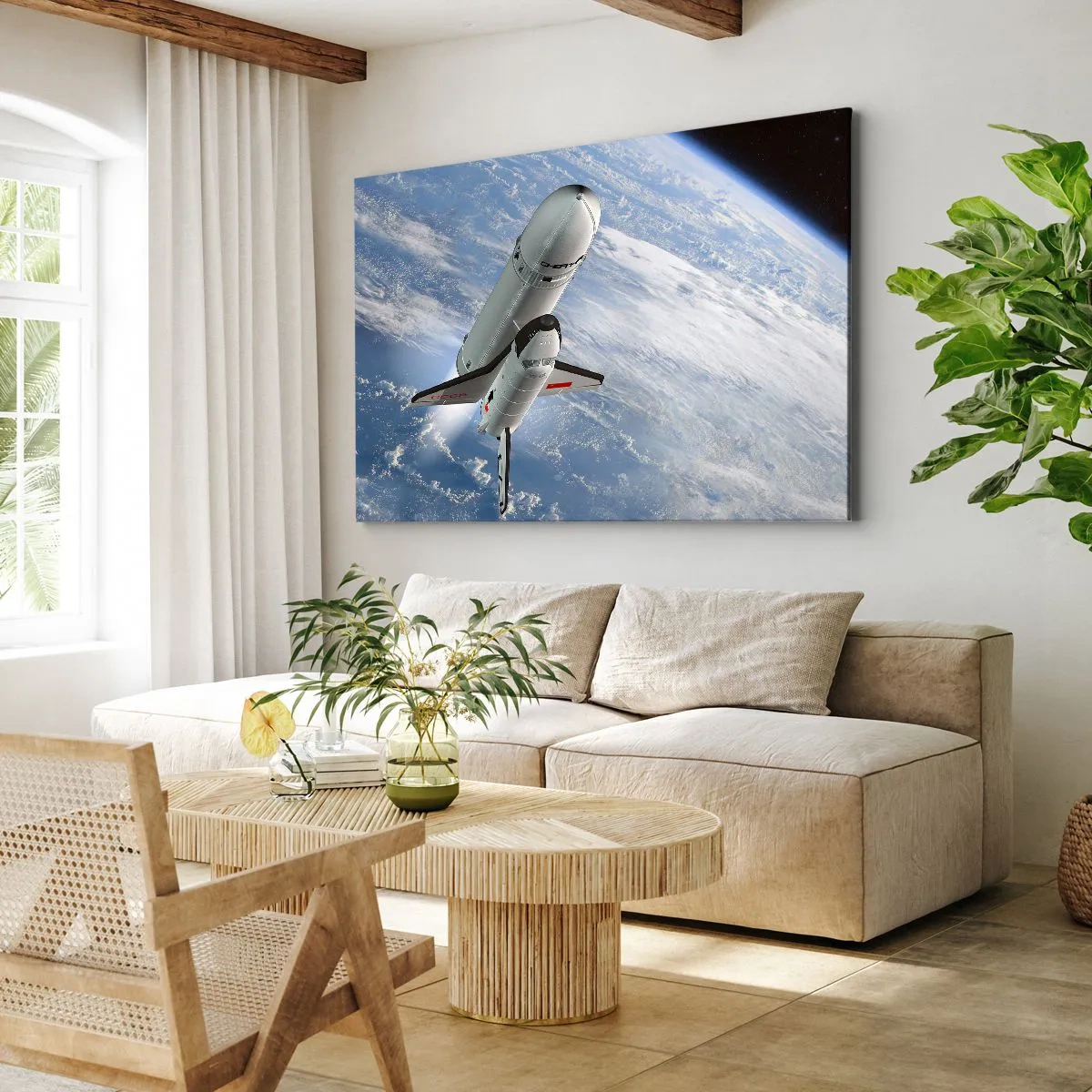 Lærredstryk - Billede på lærred - En rumraket stiger op mod Jordens baggrund - 70x50cm - Kosmisk opstigning - Moderne vægdekoration til stue og soveværelse ARTTOR