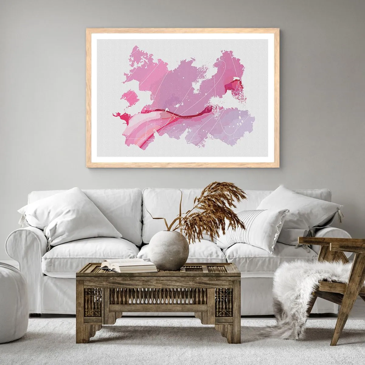 Plakat i ramme af lyst egetræ - Kort over en lyserød verden - 100x70 cm