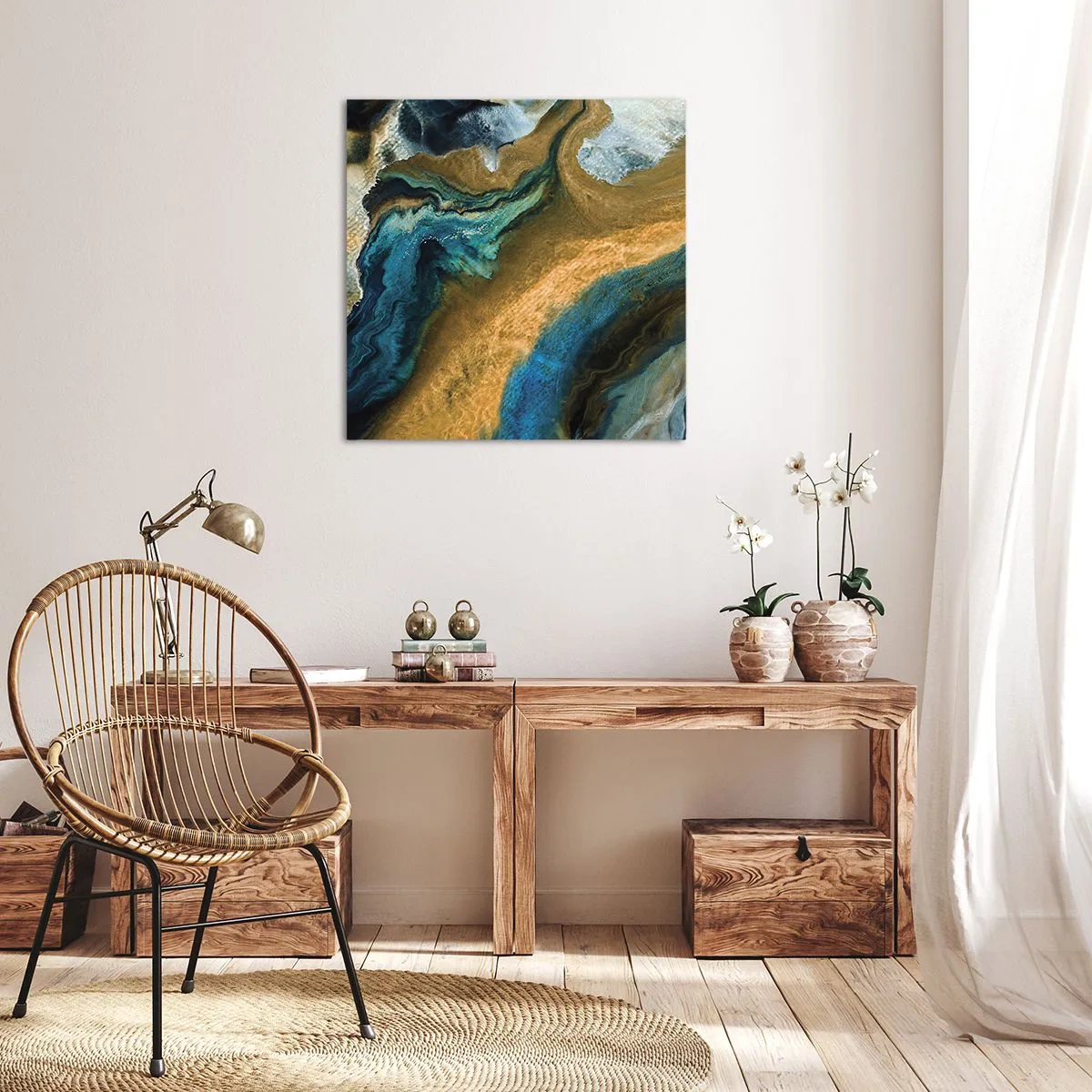 Lærredstryk - Billede på lærred - Blå - gul - gensidig indflydelse - 40x40 cm