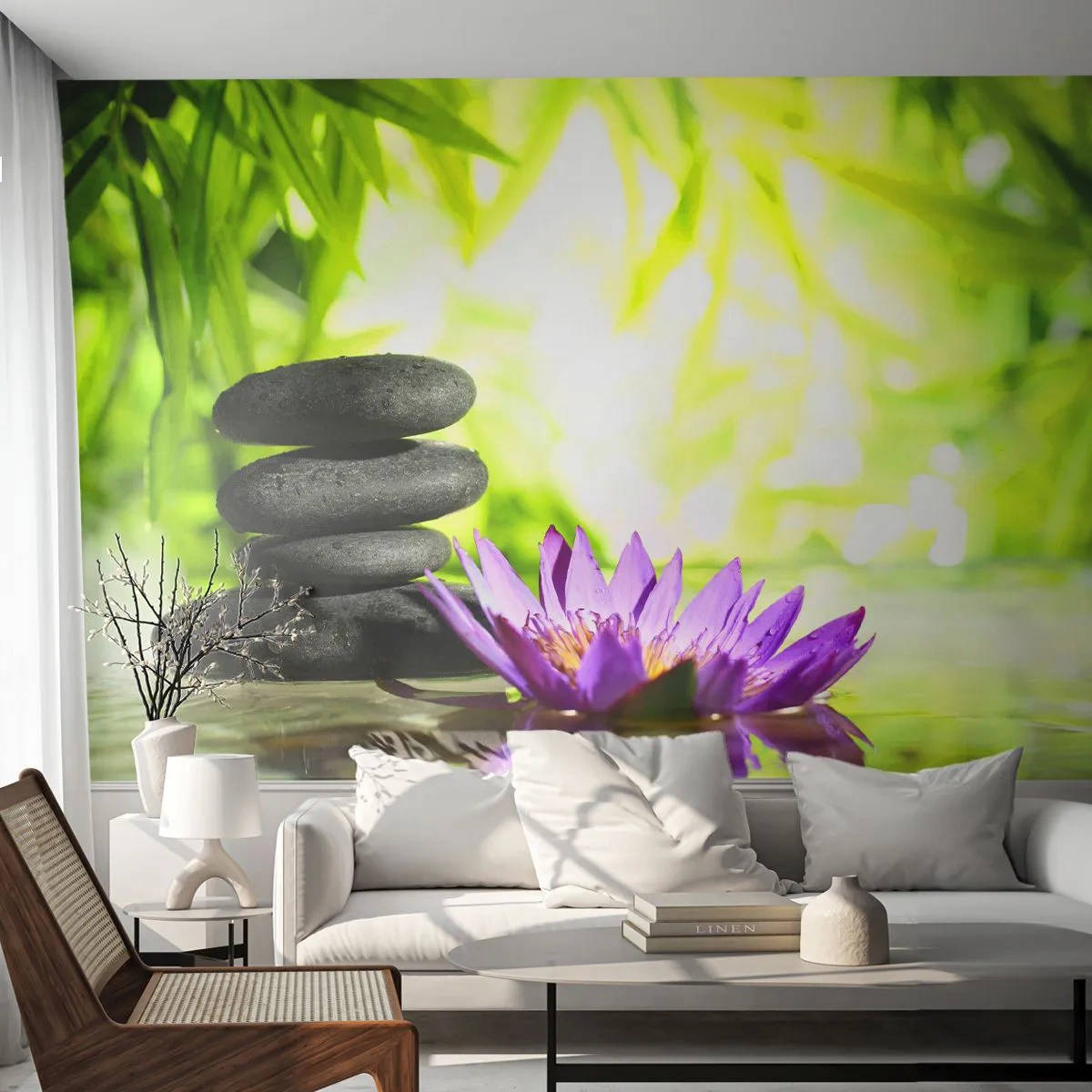 Fototapet Premium Sand - I en bambushytte - Blomst, Lotus blomst, Bambus - 100x70 cm