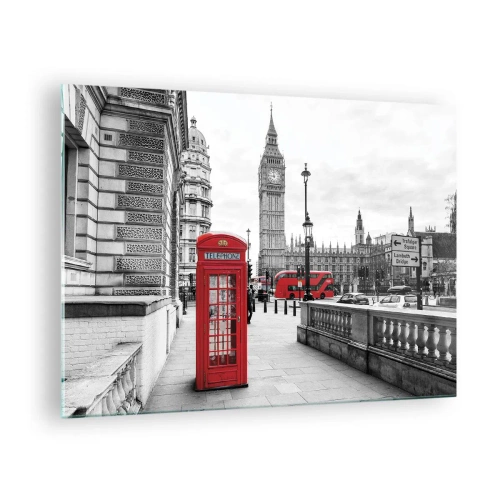 Billede på glas - Sort og hvidt London med en rød telefonboks og bus - 70x50cm - Uden tvivl, London - Moderne vægdekoration til stue og soveværelse ARTTOR